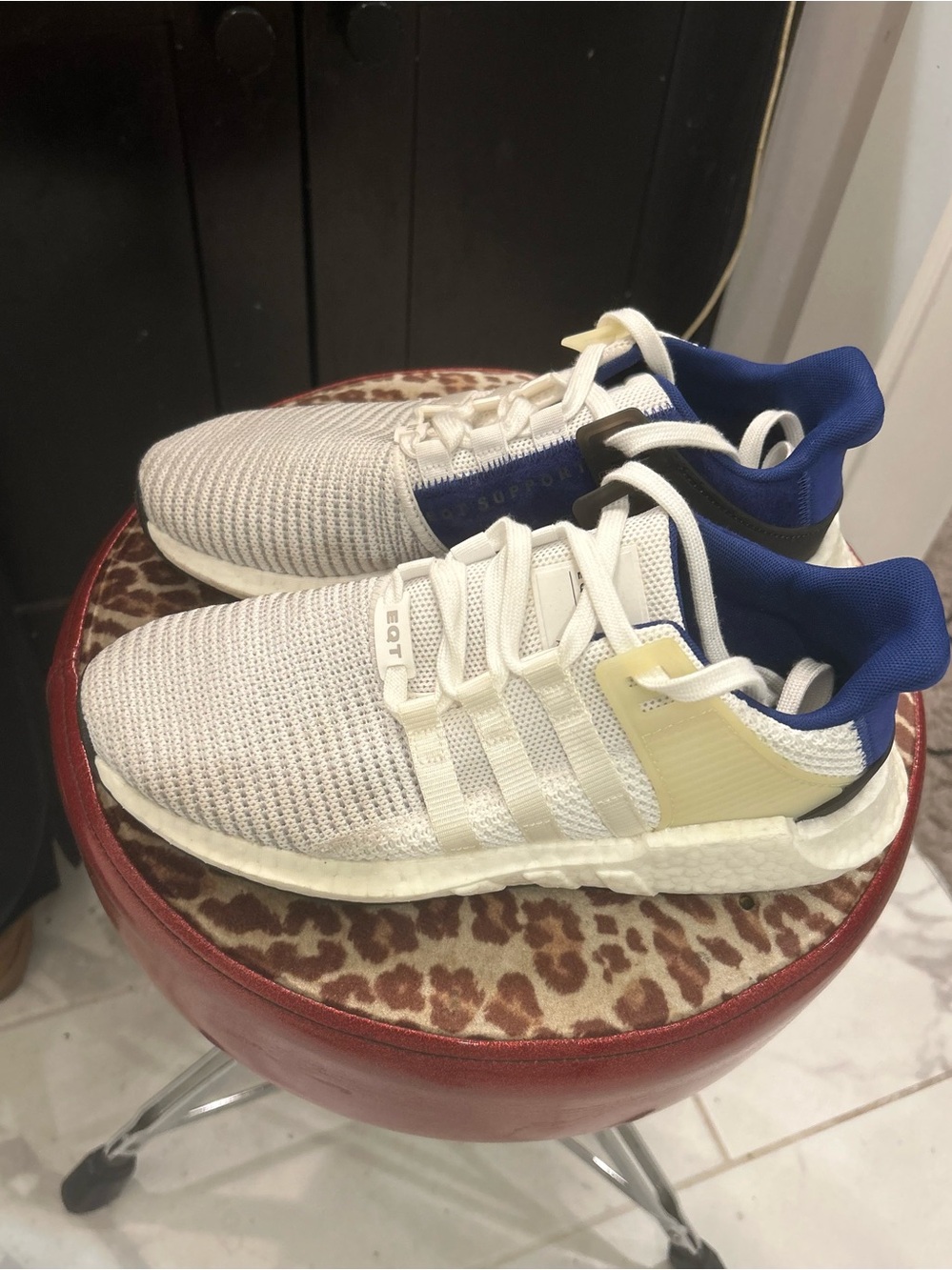 adidas Cream and Blue Knit Boost Sneakers